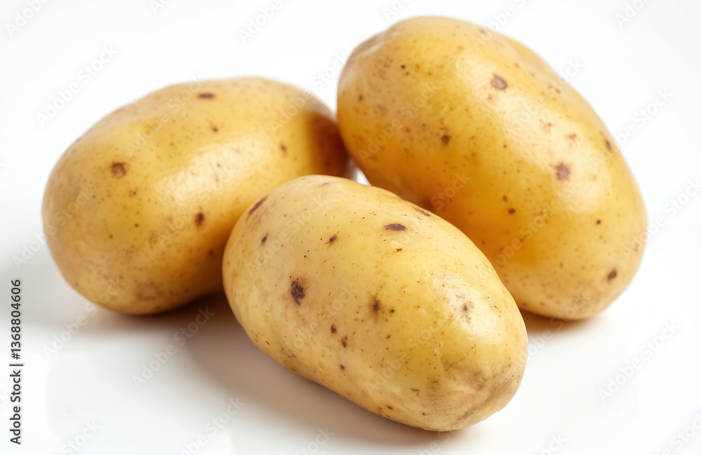 Three fresh potatoes on white background. Food ingredient for dishes. Fresh potatoes closeup. Raw vegetables ready for cooking. Vegan eco food ingredients. Diet, healthy nutrition concept. Three fresh potatoes on white background. Food ingredient for dishes. Fresh potatoes closeup. Raw vegetables ready for cooking. Vegan eco food ingredients. Diet, healthy nutrition concept.