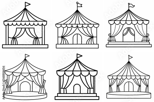 Circus Stage Outline Coloring Book Page – Line Art Drawing Set on White Background