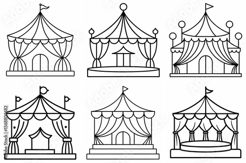 Circus Stage Outline Coloring Book Page – Line Art Drawing Set on White Background