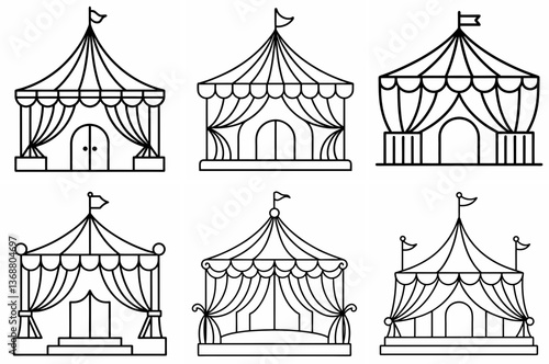 Circus Stage Outline Coloring Book Page – Line Art Drawing Set on White Background