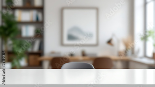 A serene workspace, inviting productivity and calm amidst a softly blurred home office, showcasing a clean white desk and grey chair.