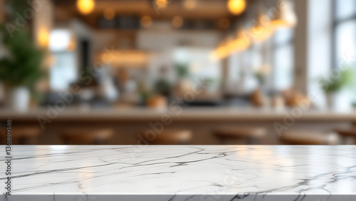 A pristine marble countertop invitingly displays products against a softly blurred backdrop of a warm, inviting cafe, showcasing its elegant simplicity.