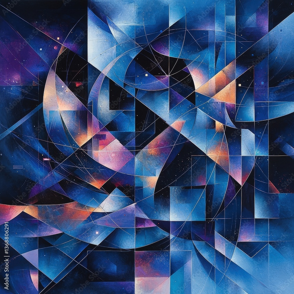 Obraz premium Abstract geometric art with dynamic lines in blue, purple, and orange
