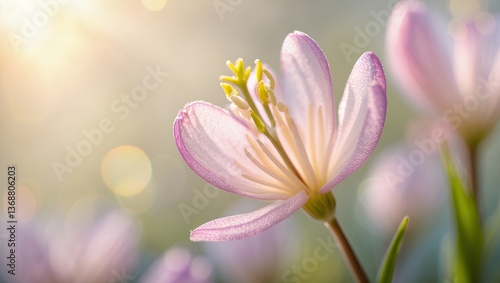 Delicate crocus, pale petals, yellow pistils, sunlit detail, nature's beauty