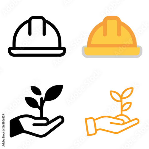 Construction Helmet & Hand Holding Plant – Line & Color Icon Set