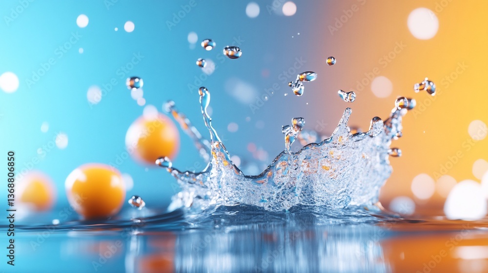 Splashing water forms a crown with orange spheres in the background Splashing water forms a crown with orange spheres in the background
