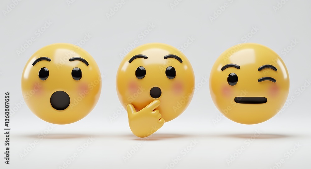 3D Render of Three Emojis Showing Different Emotions Surprise, Thoughtful, and Winking 3D Render of Three Emojis Showing Different Emotions Surprise, Thoughtful, and Winking