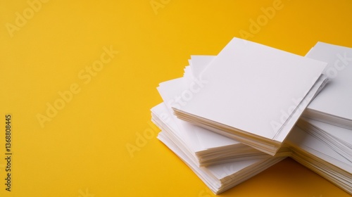 Stacked white paper sheets on bold yellow background, organized and plentiful