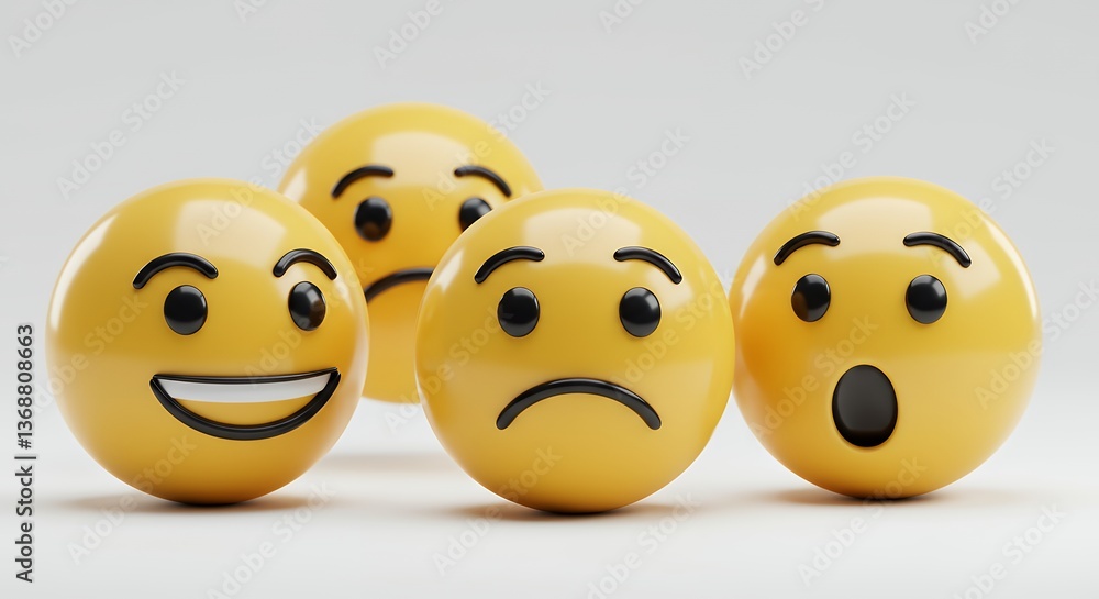 Naklejka premium 3D Render of Emojis Displaying Various Emotions: Happy, Sad, and Surprised Yellow Emoticons
