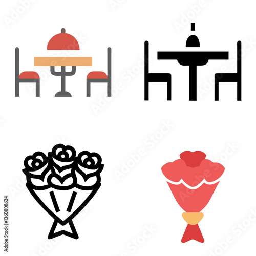 Dinner Table & Rose Bouquet Line Icon, Color Icon Set – Elegant Vector Collection