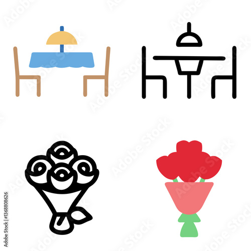 Dinner Table & Rose Bouquet Line Icon, Color Icon Set – Elegant Vector Collection
