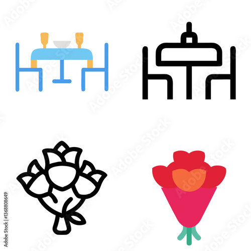 Dinner Table & Rose Bouquet Line Icon, Color Icon Set – Elegant Vector Collection