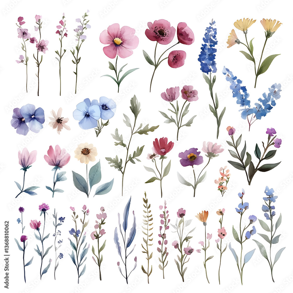 custom made wallpaper toronto digitalPastel Watercolor Flower Collection on Transparent Background