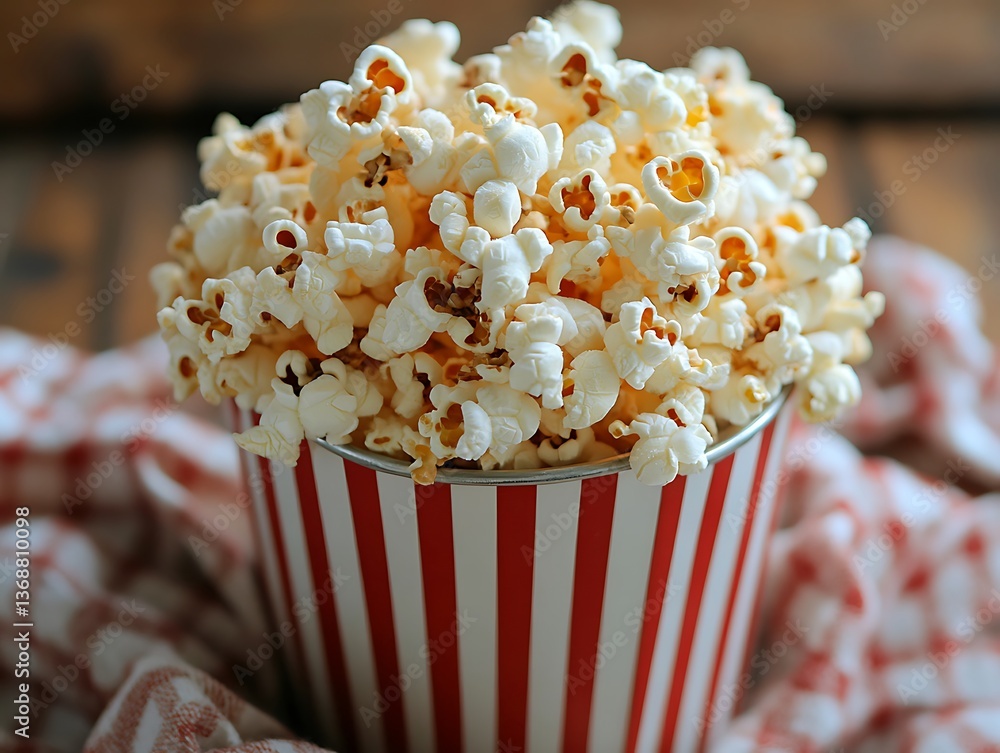 Buttery popcorn in a red and white striped bucket. Buttery popcorn in a red and white striped bucket.