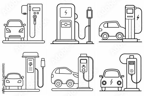 Electric Car Charging Station Outline Coloring Book Page – Line Art Drawing Set on White Background