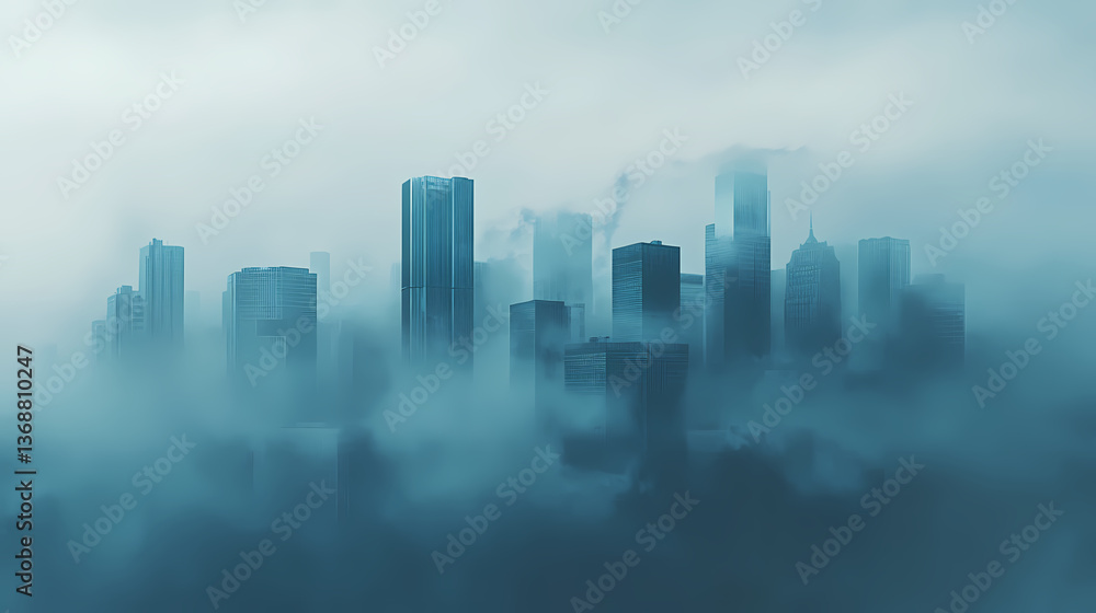 A cityscape veiled in misty fog, suitable for urban or atmospheric settings. Veiled Horizon. Illustration A cityscape veiled in misty fog, suitable for urban or atmospheric settings. Veiled Horizon. Illustration