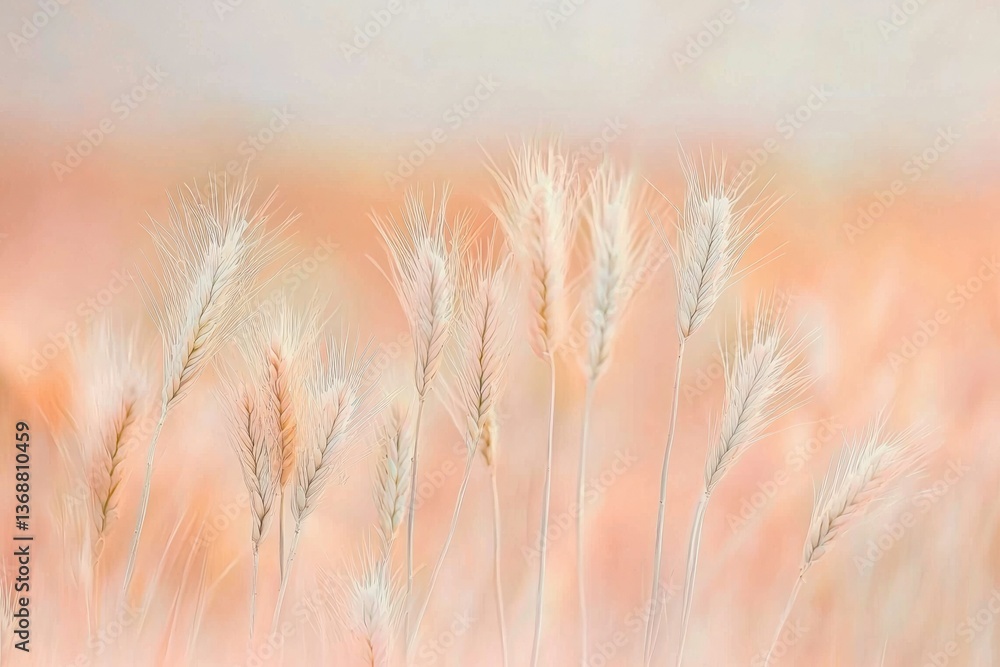 Delicate wheat stalks rise against a soft, peach-colored background, creating a peaceful and ethereal atmosphere with focus on natural beauty and tranquility. Delicate wheat stalks rise against a soft, peach-colored background, creating a peaceful and ethereal atmosphere with focus on natural beauty and tranquility.