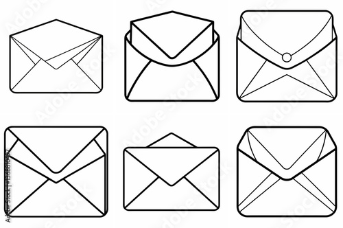 Envelope Outline Coloring Book Page – Line Art Drawing Set on White Background