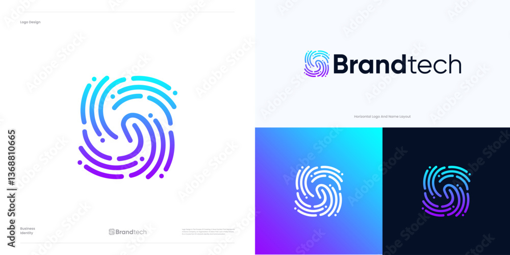Biometric scanner sensor logo design vector editable element, symbol abstract information gradient color and identification fingerprint, thumbprint with point or dot technology letter S brand identity Biometric scanner sensor logo design vector editable element, symbol abstract information gradient color and identification fingerprint, thumbprint with point or dot technology letter S brand identity