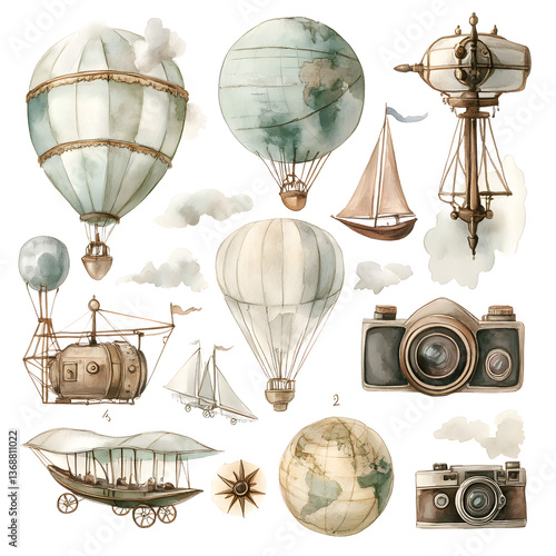 Wallpaper Mural Vintage Watercolor Travel Collection Hot Air Balloons, Airships, and Sailing Ships Torontodigital.ca