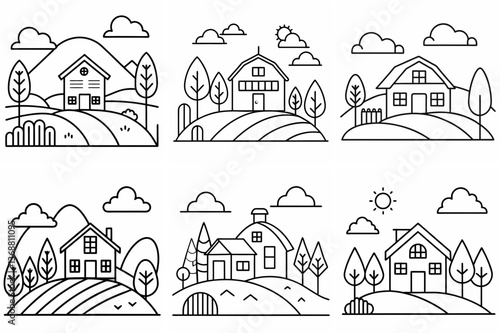 Farm House Landscape Outline Coloring Book Page – Line Art Drawing Set on White Background