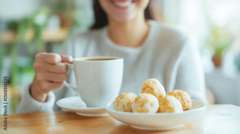 A happy Brazilian woman enjoying a warm cup of coffee with pão de queijo for breakfast at home, savoring the delicious start to her day. Concept of cozy mornings and traditional Br A happy Brazilian woman enjoying a warm cup of coffee with pão de queijo for breakfast at home, savoring the delicious start to her day. Concept of cozy mornings and traditional Br