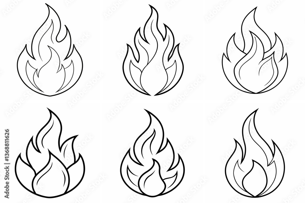 Flame Outline Coloring Page - Line Art Drawing Set on White Background Flame Outline Coloring Page - Line Art Drawing Set on White Background