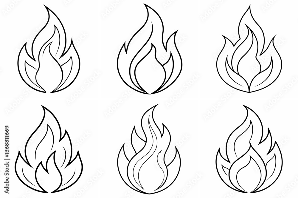 Flame Outline Coloring Page - Line Art Drawing Set on White Background Flame Outline Coloring Page - Line Art Drawing Set on White Background