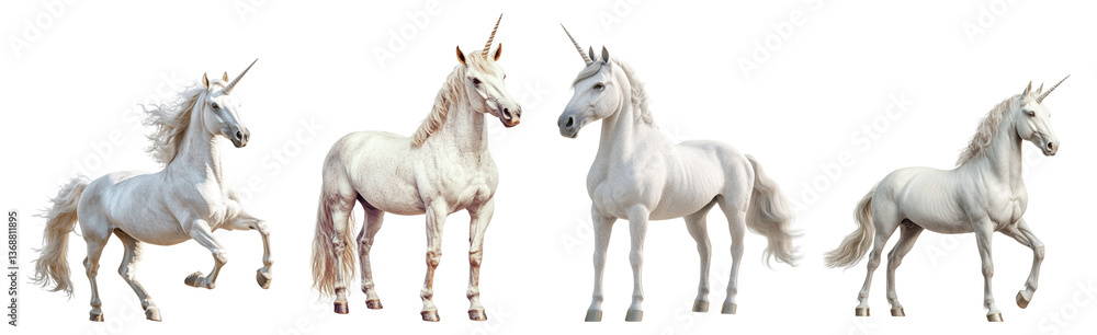 Obraz premium Majestic White Unicorns in Various Poses Against Transparent Background