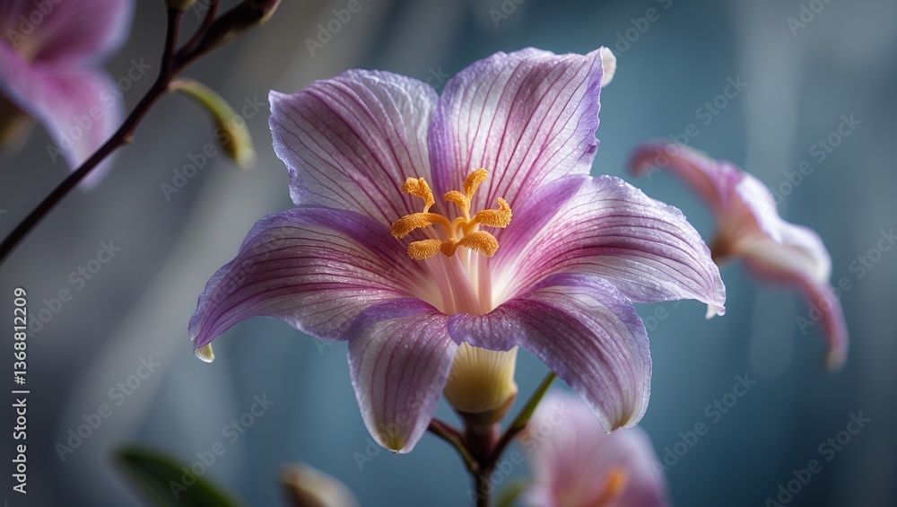 Fototapeta premium Delicate flower with purple and white petals, orange center, bokeh background