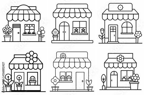 Flower Shop Outline Coloring Page - Line Art Drawing Set on White Background