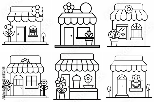 Flower Shop Outline Coloring Page - Line Art Drawing Set on White Background
