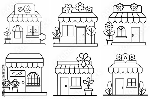 Flower Shop Outline Coloring Page - Line Art Drawing Set on White Background