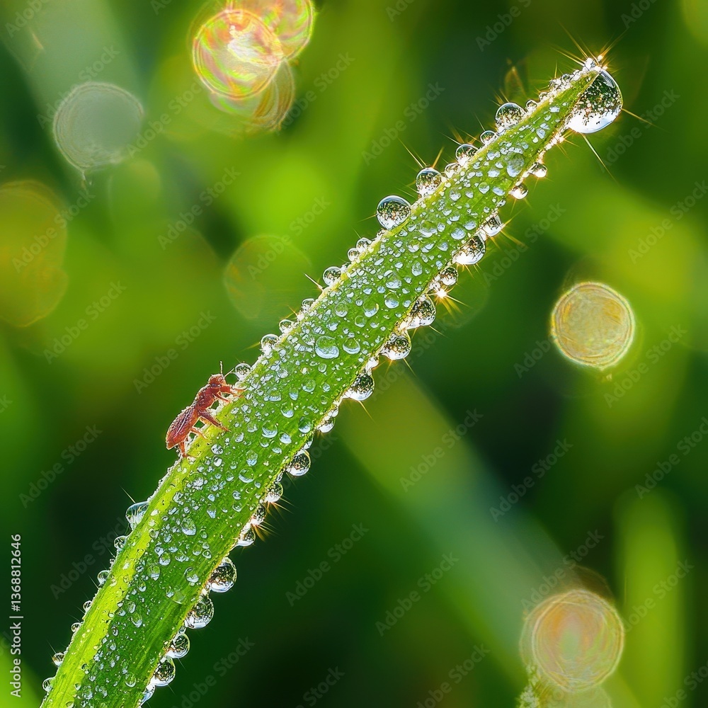 Naklejka premium Close-up of dew-covered grass blade with insect in soft bokeh background