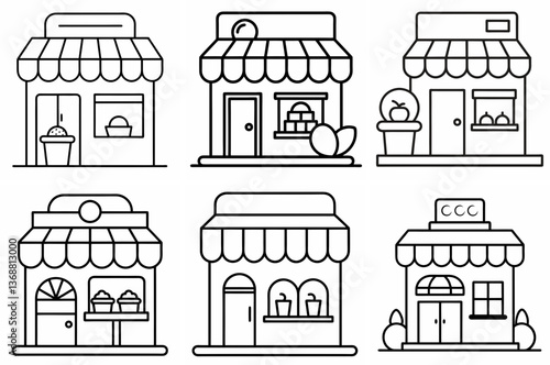 Food Shop Outline Coloring Page - Line Art Drawing Set on White Background