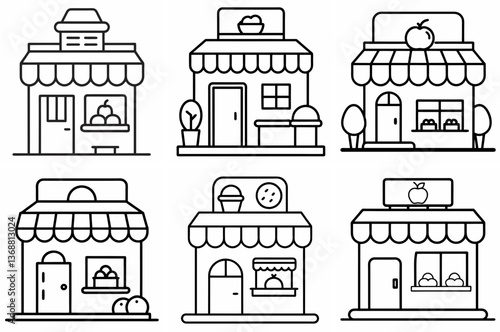 Food Shop Outline Coloring Page - Line Art Drawing Set on White Background