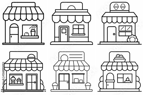 Food Shop Outline Coloring Page - Line Art Drawing Set on White Background