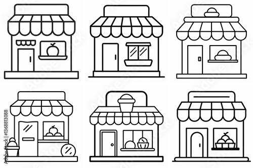 Food Shop Outline Coloring Page - Line Art Drawing Set on White Background