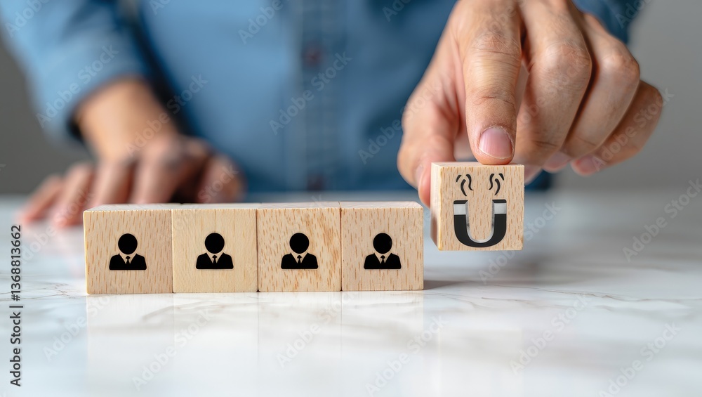 Obraz premium Customer retention concept. Inbound marketing strategy. Attracting potential customers. Hand puts wooden cubes with magnet attracts customer icons on beautiful grey background and copy space. Loyalty