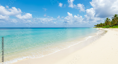 Wallpaper Mural Serenity found on a pristine white-sand beach, turquoise water gently lapping the shore under a brilliant blue sky dotted with fluffy clouds. Torontodigital.ca