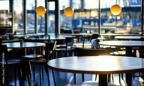 Empty cafe tables by window with city view in morning sunlight