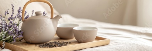 Wallpaper Mural Relaxing tea time with lavender, teapot, and cups on a cozy tray in a softly lit room Torontodigital.ca