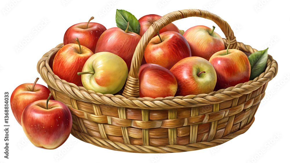 A wicker basket overflowing with a delicious harvest of ripe red and yellow apples A wicker basket overflowing with a delicious harvest of ripe red and yellow apples