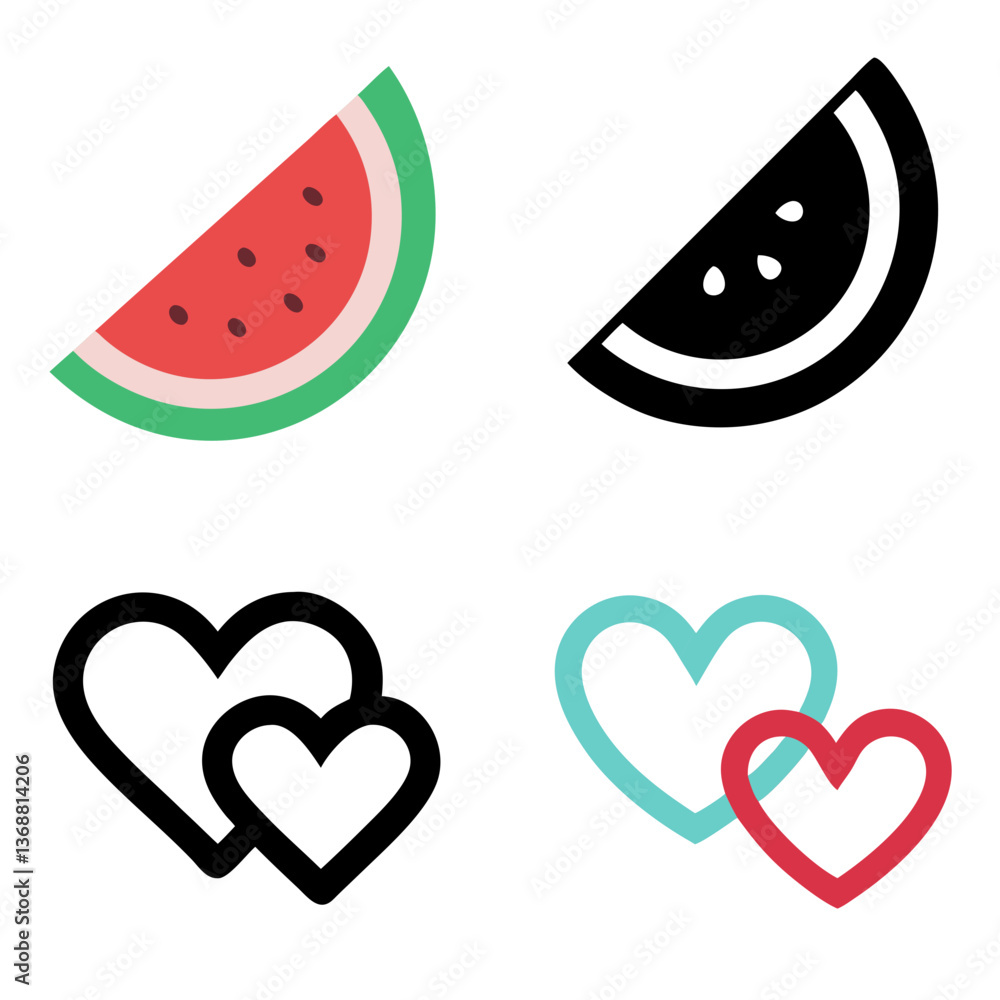 Fresh Watermelon Slice & Interlocked Hearts Line Icon - Color Icon Set Fresh Watermelon Slice & Interlocked Hearts Line Icon - Color Icon Set