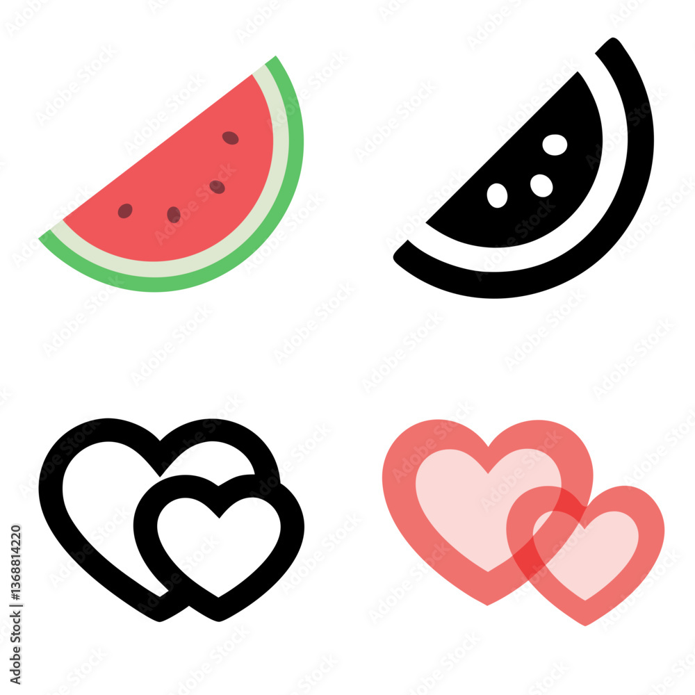 Fresh Watermelon Slice & Interlocked Hearts Line Icon - Color Icon Set Fresh Watermelon Slice & Interlocked Hearts Line Icon - Color Icon Set