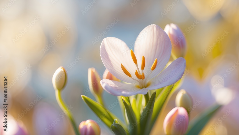 Fototapeta premium Delicate lavender crocus flower blooms, buds, and soft sunlight