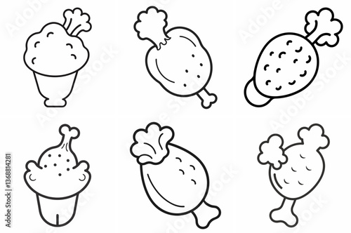 Fried Chicken Outline Coloring Page - Line Art Drawing Set on White Background