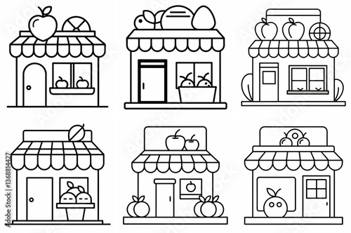 Fruit Shop Outline Coloring Page - Line Art Drawing Set on White Background