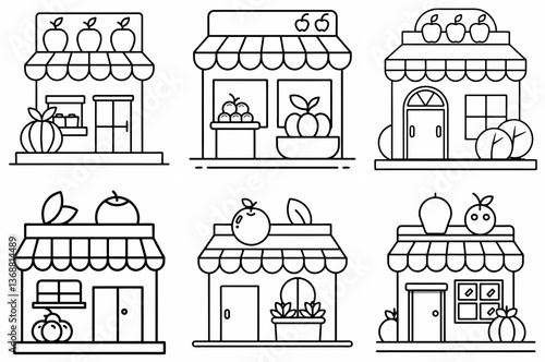 Fruit Shop Outline Coloring Page - Line Art Drawing Set on White Background