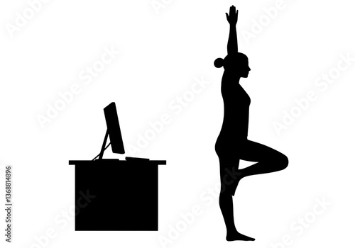 Woman Doing Yoga Tree Pose at Office Desk Silhouette Vector